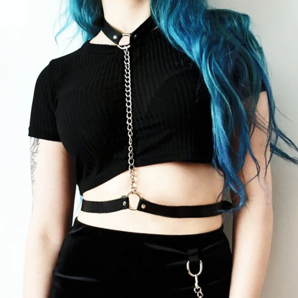 

Vegan Body Leather Harness Belt Bondage Cage Statement Necklaces Women Beach Collar Goth Chokers Shoulder Necklace Party Jewelry