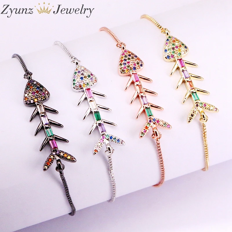 

10PCS, Multi Rainbow CZ Micro Cubic Zirconia Adjustable Chain Bracelets Fishbone Shape Charm Bracelet For Women Jewelry