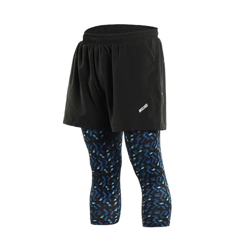 ARSUXEO 2 в 1 мужские спортивные шорты с тремя четвертями, колготки, короткие леггинсы, шорты для йоги, пробежки, бега с карманом на молнии сзади - Цвет: Camouflage blue