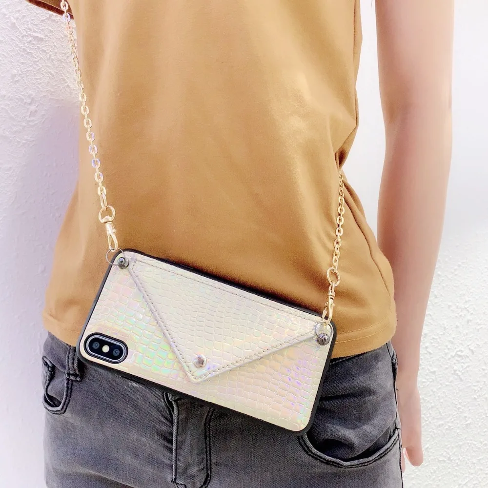 Case For iPhone X Xr Xs Max Case Sexy Snake Skin Laser Flip Wallet Neck Chain Card Slots Stand Case For iPhone 7 8 6S Plus Cover (7)