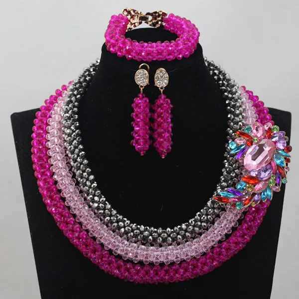 2017 Hot New Pink Fuchsia Crystal Jewelry Set Fashion 3 Layers Silver/Pink Bridesmaid Necklace Earrings Set Free ShippingABL898 2017 Hot New Pink Fuchsia Crystal Jewelry Set Fashion 3 Layers Silver/Pink Bridesmaid Necklace Earrings Set Free ShippingABL898