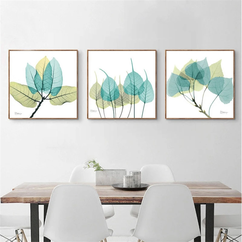 

Blue Yellow Component Leaves Canvas Mural Poster White Based Nordic Art Drawing Pretty Wall Picture Ornaments for Study Corridor