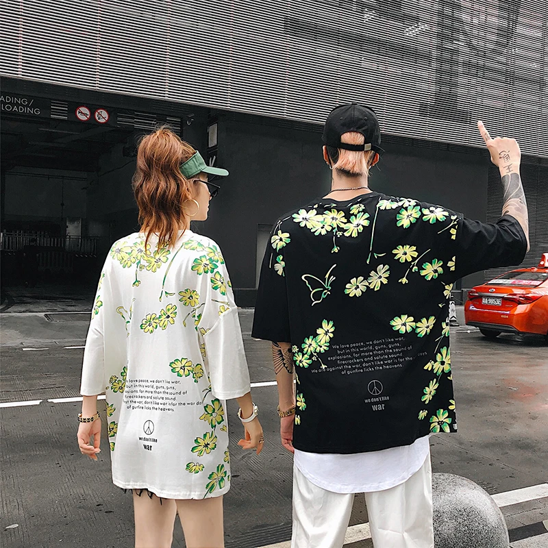 2019 Лето цветы полный Harajuku пара с короткими рукавами рубашка негабаритных бренд