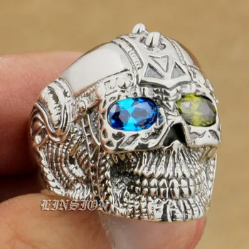 

LINSION Blue + Green CZ Eyes 925 Sterling Silver Gothic Tattoo Skull Mens Boys Biker Rock Punk Ring 9G405 US Size 7 to 14
