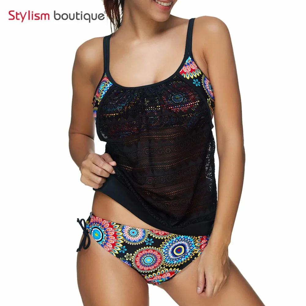 

Ethnic Swimwear 2018 Sexy Swimsuit Women Plus Size 2 Pieces Tankini Sets Bathing Suits Female Patchwork Mesh Swim Suit