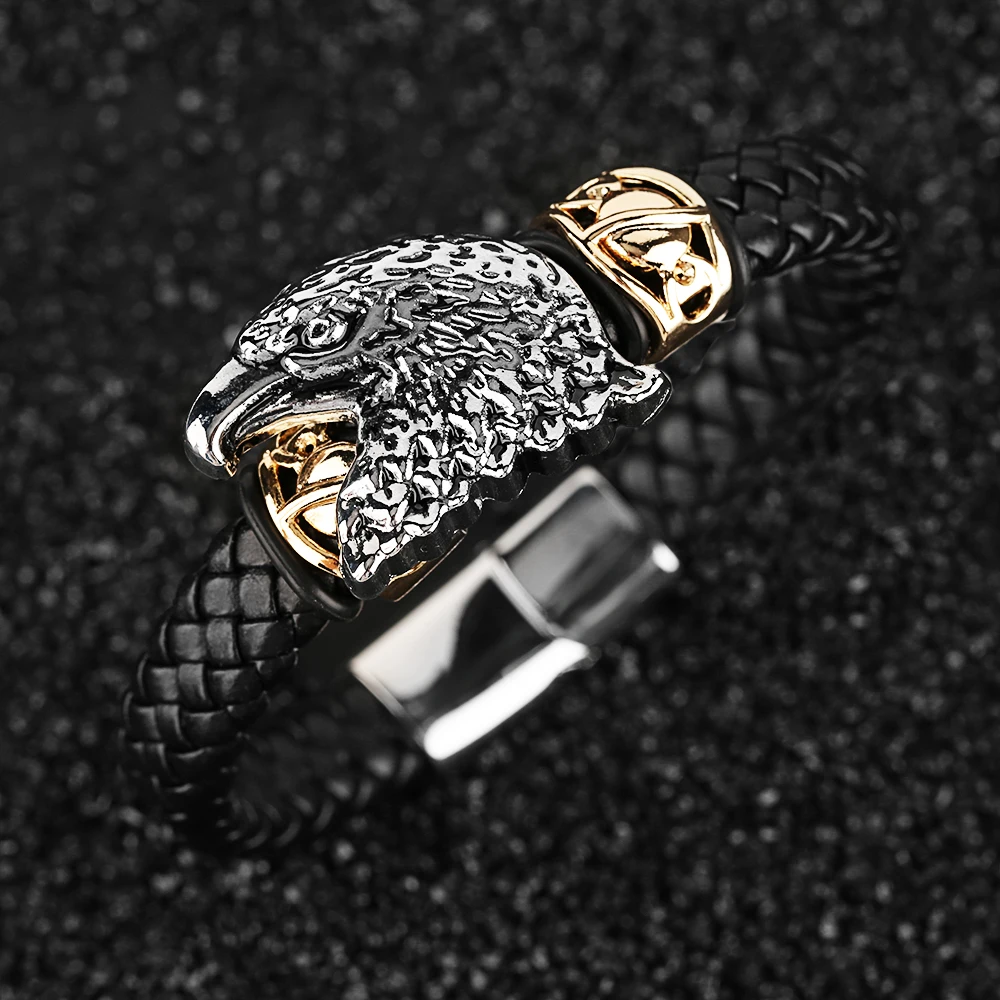 Lion Skull Eagle Punk Woven Bracelets Men Hot Sale Charm Bracelet Male Steampunk Skeleton Bangle Chain Black Leather Bangles (30)