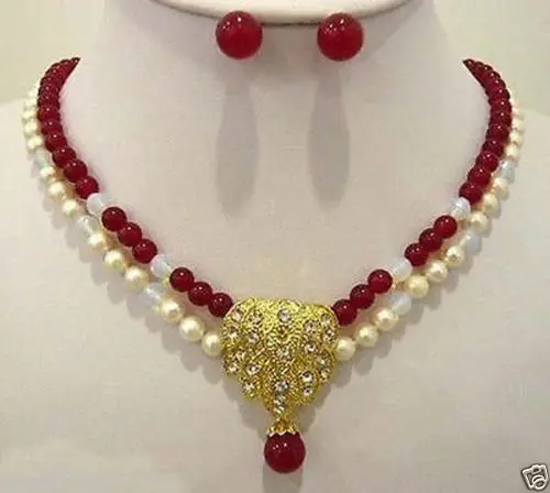 

Jewelry 00119 2 row red jade white pearl wedding necklace pendant earring set (A0423) -Top quality free shipping