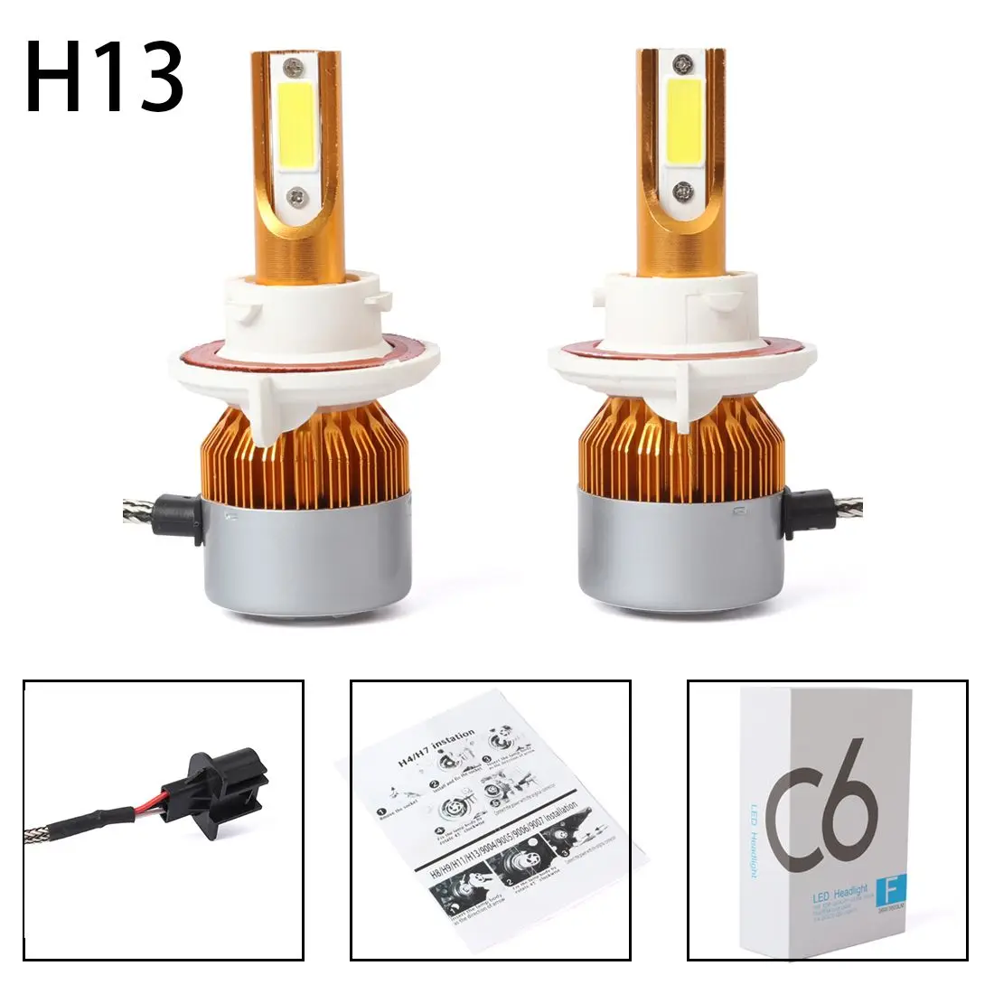 

2pcs C6 LED Car Headlight Kit COB H13 36W 7600LM White Light Bulbs Gold