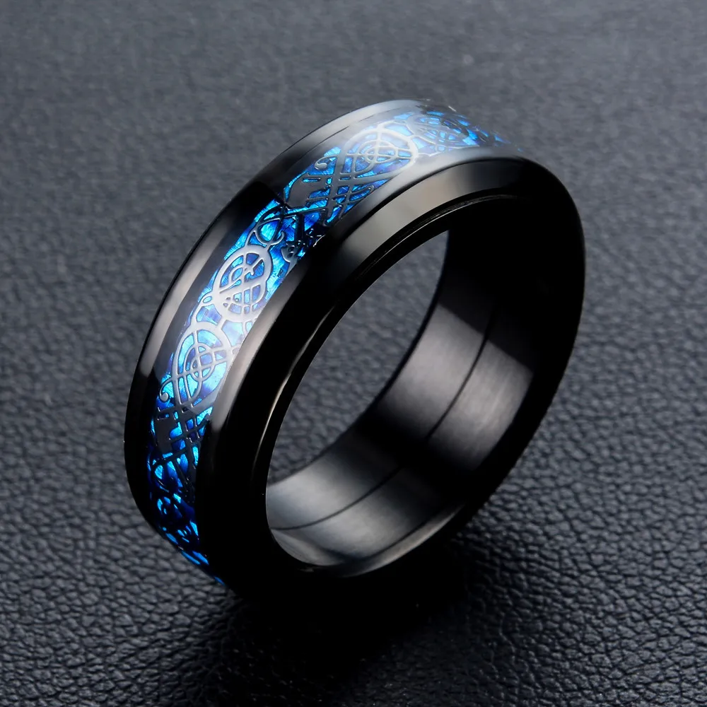 US 7 до 14 высокое качество серебро и черный цвет синий углеродное волокно 316L нержавеющая сталь дракон повернуть мужские кольца