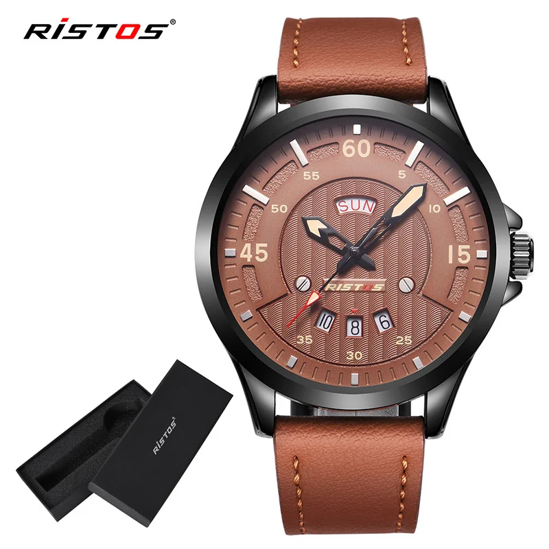 

RISTOS Man Sport Wristatch Men Quartz Analog Watch Male Fashion Casual Leather Watches Reloj Masculino Hombre Date Calendar 9321