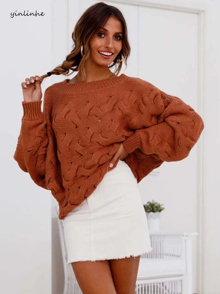 

yinlinhe brown Autumn Winter loose Sweater Women Long Sleeve Twist knot Jumpers Knitted Pullovers Women Casual Sweater 1203