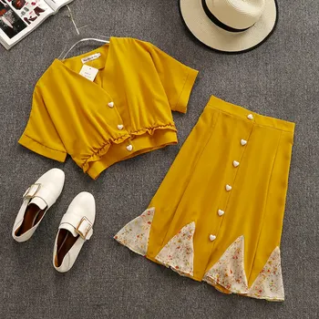 

2019 New Summer Fashion Women's Sets Solid Color V Neck Short Sleeve Short Tops + Ruffles Fishtail Skirt Students Suits