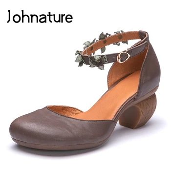 

Johnature 2020 New Spring/Summer Genuine Leather Strange Style Round Toe Casual Retro Buckle Strap Flower Women Shoes Pumps