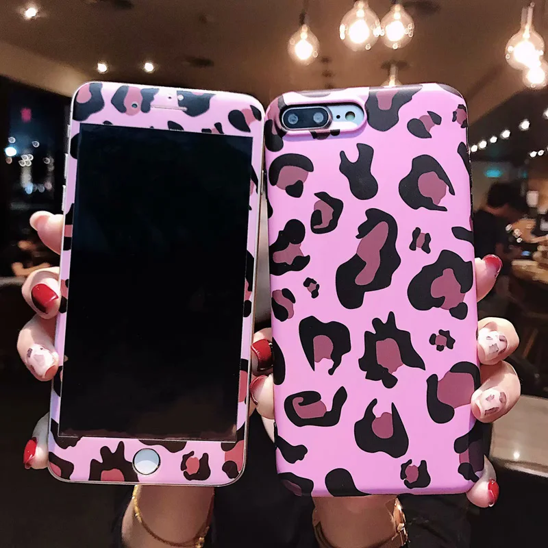 

For iPhone XS Leopard case + Tempered Glass Screen protector film & Soft Cover for iPhone 8plus 7 8 7P XR X XS Max 6 6S 6SPlus
