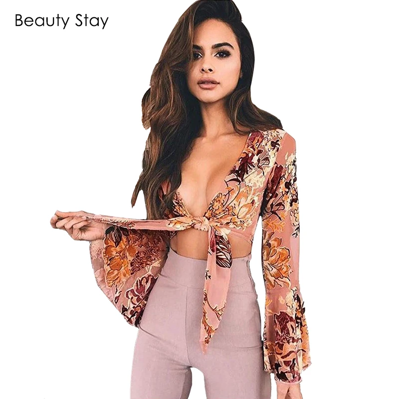 BeautyStay модные женские кружевные шифоновые блузки с длинными рукавами рубашка
