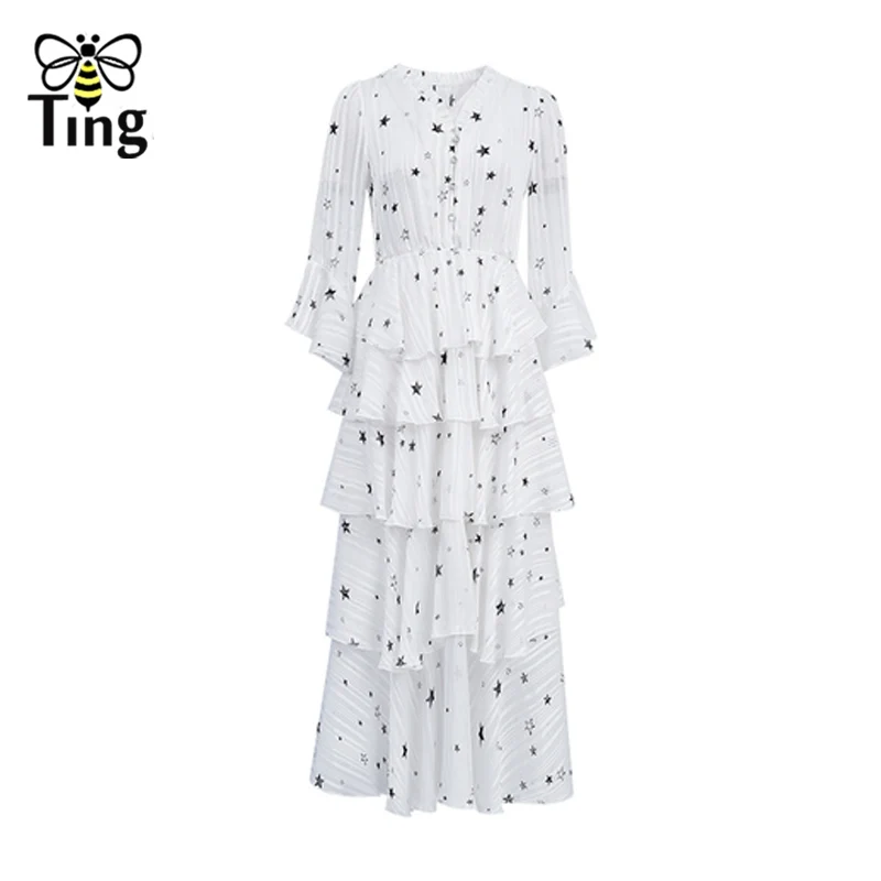Tingfly летнее блестящее многослойное праздничное платье с принтом звезды белое/черное элегантное длинное платье с v-образным вырезом и оборками повседневное Vesttidos 2XL - Цвет: Белый