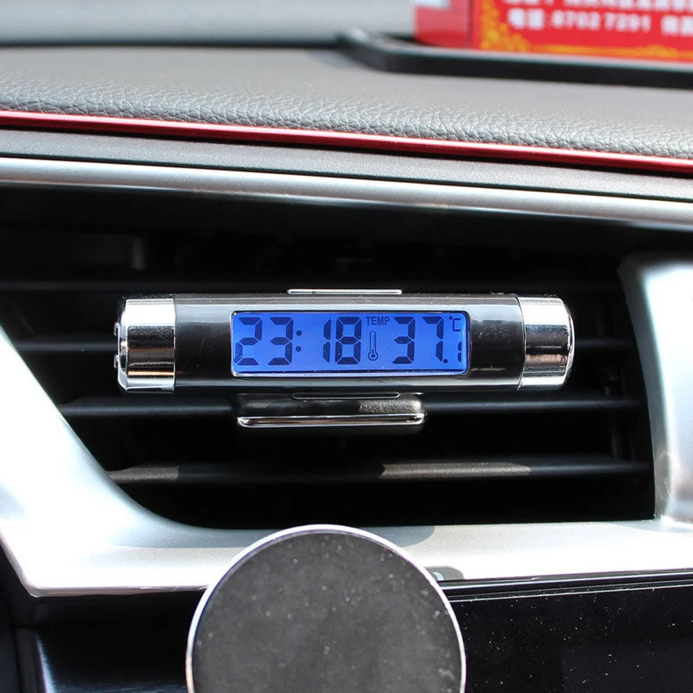 

New 2 in 1 Car Auto Thermometer Clock Calendar LCD Display Screen Clip-on Digital Blue back light Automotive Accessories