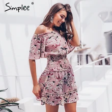 Женское летнее платье Simplee с открытыми плечами, и со сборками, короткое платье в стиле бохо с цветочным принтом, праздничный пляжный женский сарафан