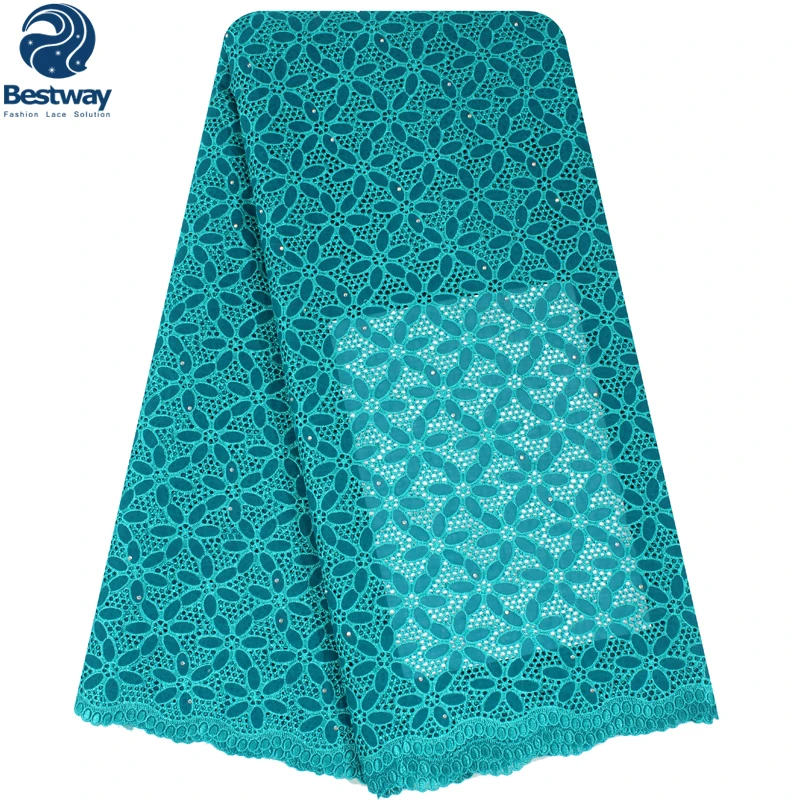 

Bestway African Embroidered Swiss Voile Lace Nigerian Polished Cotton Lace Fabric Eyelet Lace With Stones Fashion Bridal Laces