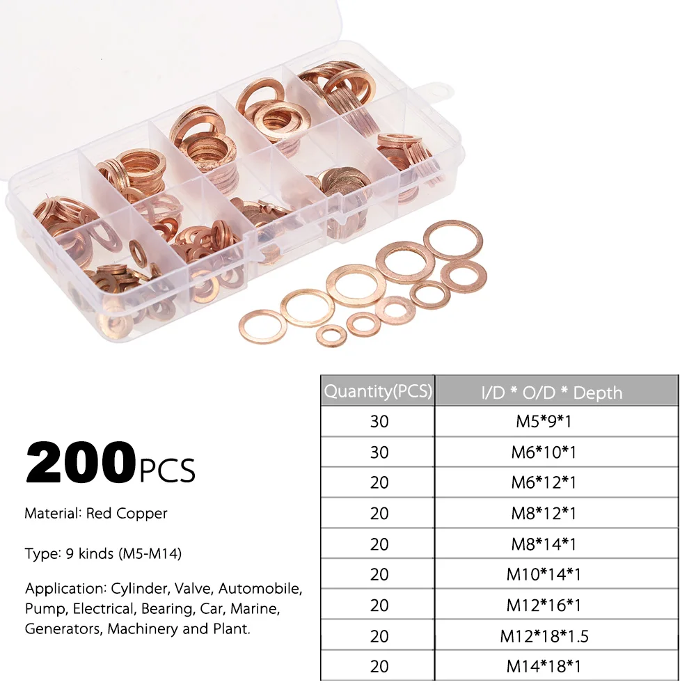 

200PCS M5-M14 Copper Washers Gasket Set Flat Ring Seal Assortment Kit with Box 9 Sizes for Hardware Accessories