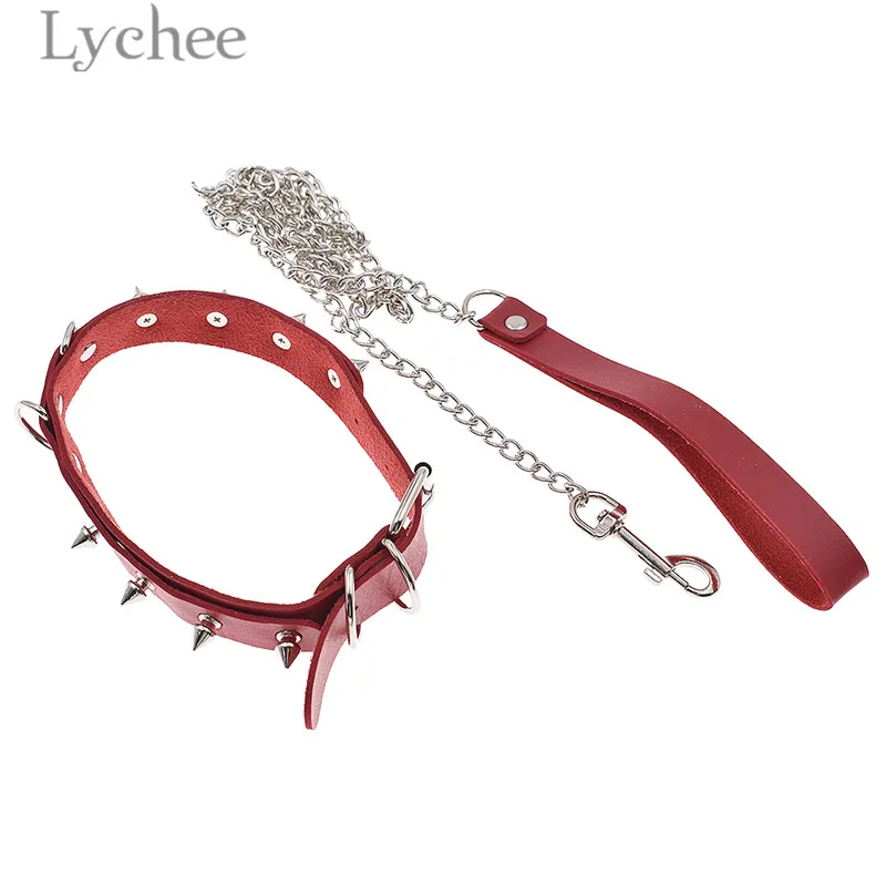 

Lychee Punk PU Leather Rivet Choker Collar With Leash Chain Women Torques Choker Necklace Silver Color Female Necklace Jewelry