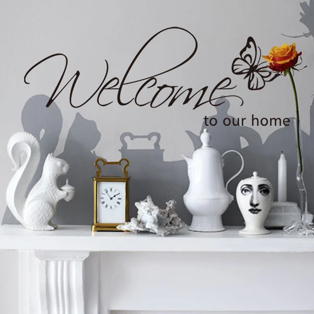 'Welcome To Our Home' Text Patterns wall sticker home decor living room Decals wallpaper bedroom Decorative butterfly Stickers 3