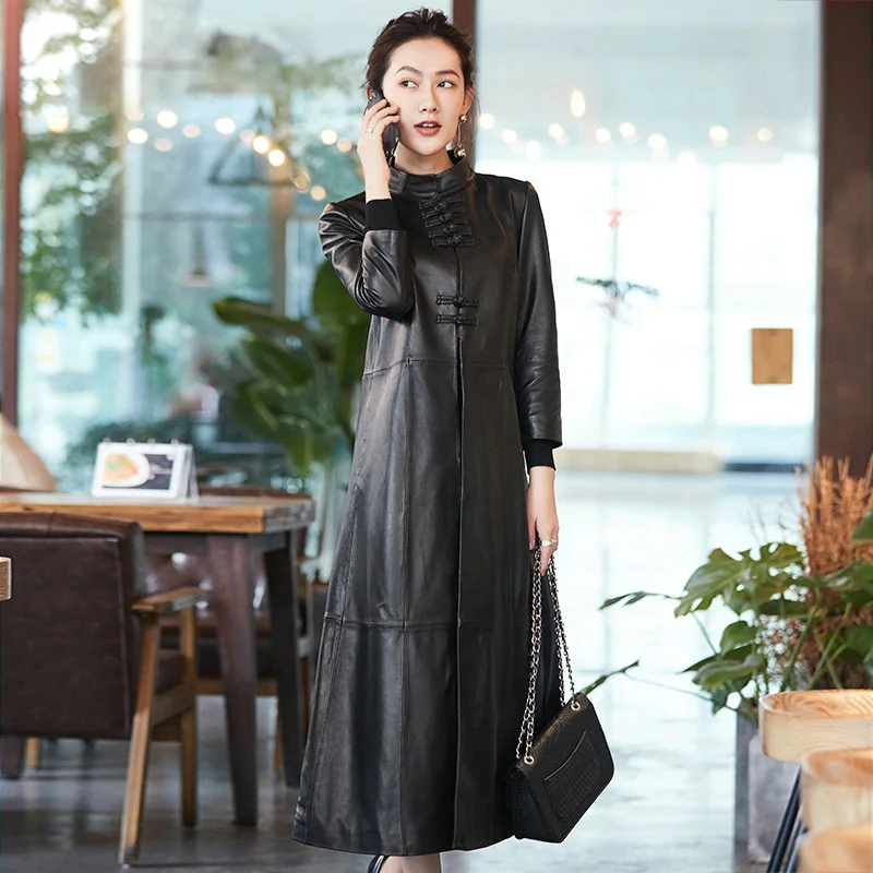 

Women Genuine Leather Jacket Real Sheepskin Lambskin Black long slim Female Coat Autumn winter Plus Size