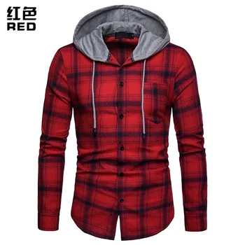 

2019 New Fashion Spring Autumn Mens Plaid Shirts Korean Wild Long Sleeved Hooded Shirt Casual Slim Fit Plus Size Mens Clothes