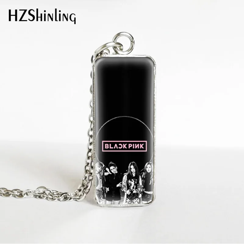 Hot Kpop Group Blackpink Lisa Rose Jennie Jisoo Rectangle Necklace Glass Cabochon Pendant Rectangle Necklace Jewelry Gifts