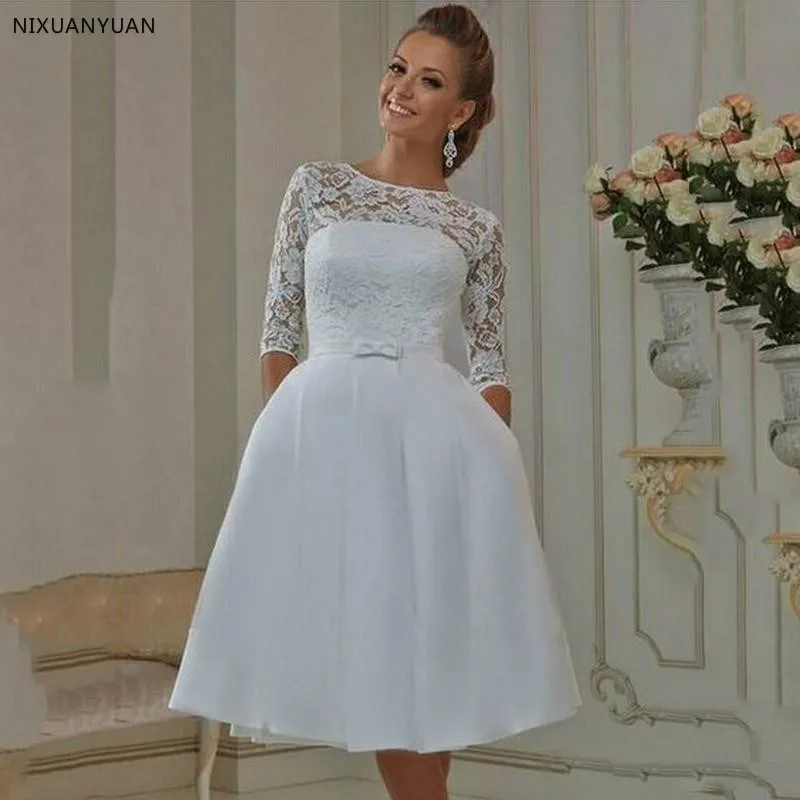 

2019 Short Wedding Dresses A-Line with Half Sleeve Knee Lenght Backless Jewel Neck Bow Summer Beach Wedding Lace Bridal Gowns