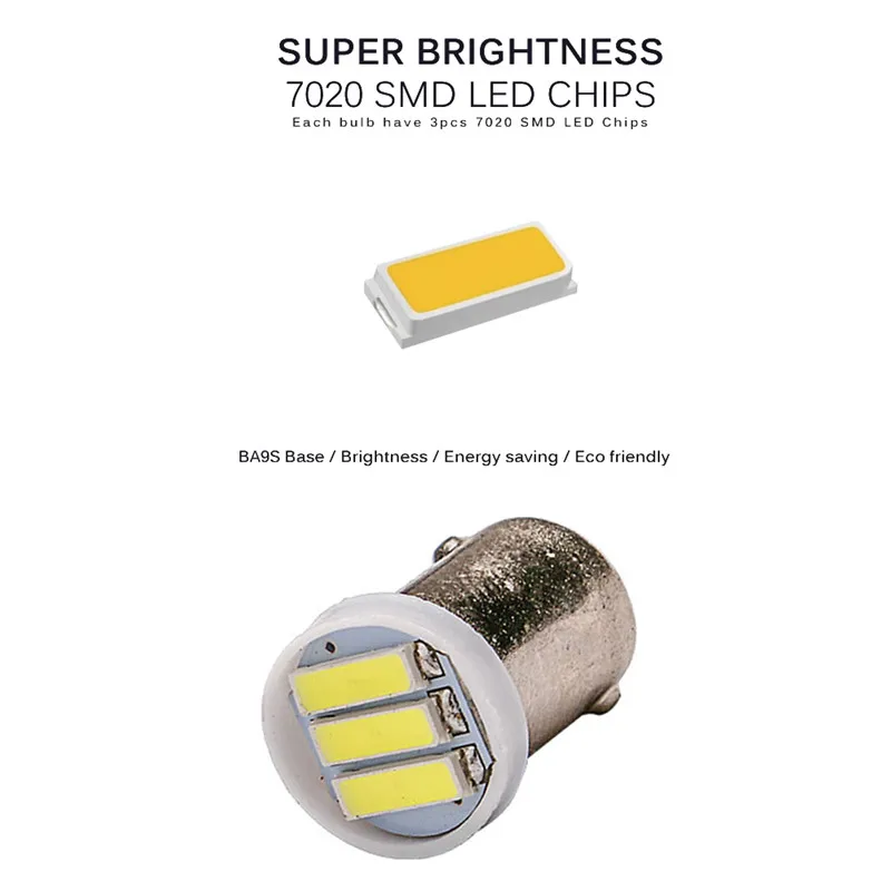 4x BA9S T4W 2W 3 светодиодный 7020 SMD белый светильник 6500K высокая яркость