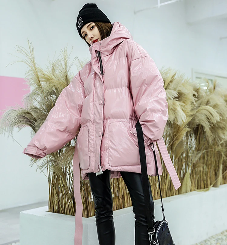Streetwear Winter Women Jacket Hooded Parkas Pink Snow Female Coat Loose Oversized Adjustable Waist Womens Short Parka MY38