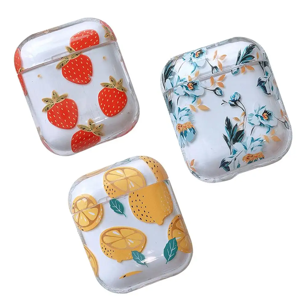 

Protective Case Cover For Airpods Transparent Lemon Strawberry Gardenia Pattern Wireless Bluetooth Earphone Anti-fall Cases