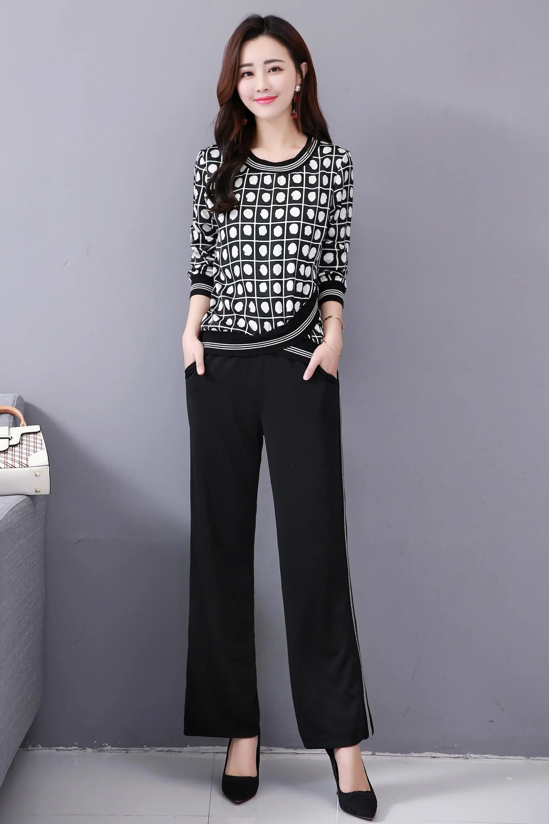 M-5x Autumn Black Printed Two Piece Sets Women Plus Size Long Sleeve Tops And Pants Suits Korean Elegant Office 2 Piece Sets