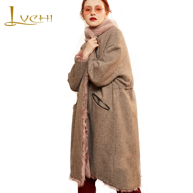 LVCHI новинка зимы 2019 штормовка из меха и шерсти Harris с узором в елочку Хепберн