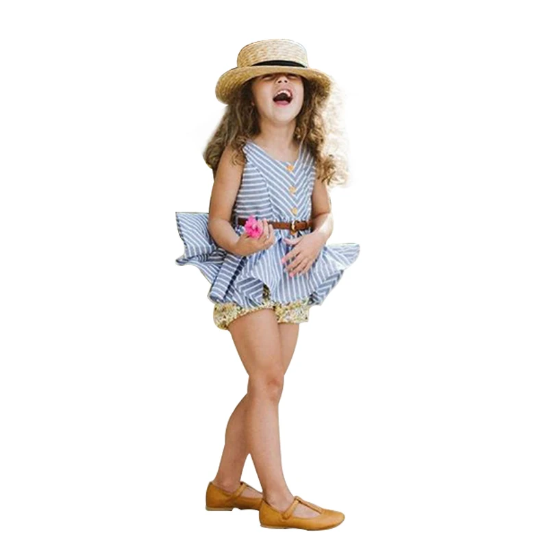 

Baby Clothes Girls Toddler Girls Outfit Set Striped Blue Shirts Top +Floral Shorts Two Piece Boutique Kids Clothing for 1 2 3 4y