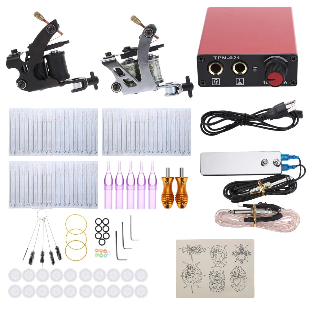 Tattoo Complete Kit Iron Machine Gun Shader Liner Mixed Needles Stainless Steel Foot Pedal Switch Power Supply Beginner Grips |