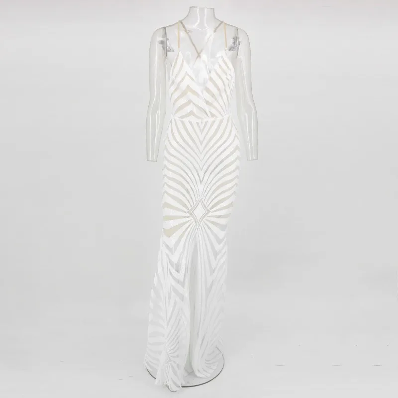 Ohvera Пром длинное платье макси для женщин Спагетти ремень летнее платье элегантный спинки сетки блесток сексуальные платья для вечеринок Vestidos - Цвет: Белый