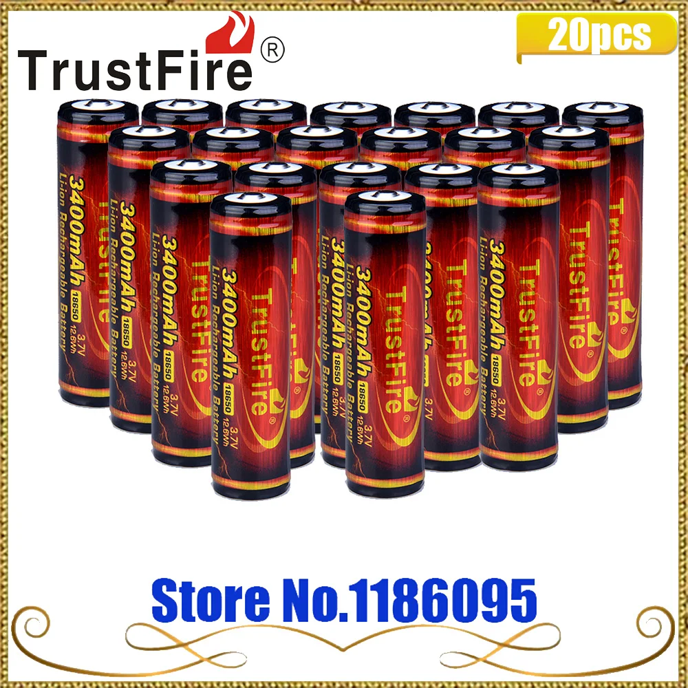 

20PCS TrustFire 3.7V 3400mAh High Capacity 18650 Li-ion Rechargeable Battery with Protected PCB for LED Flashlights Headlamps