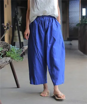 

2019 Summer Women Vintage Elastic Waist Wide Leg Pants Casual Solid Pockets Ankle-Length Loose Trousers