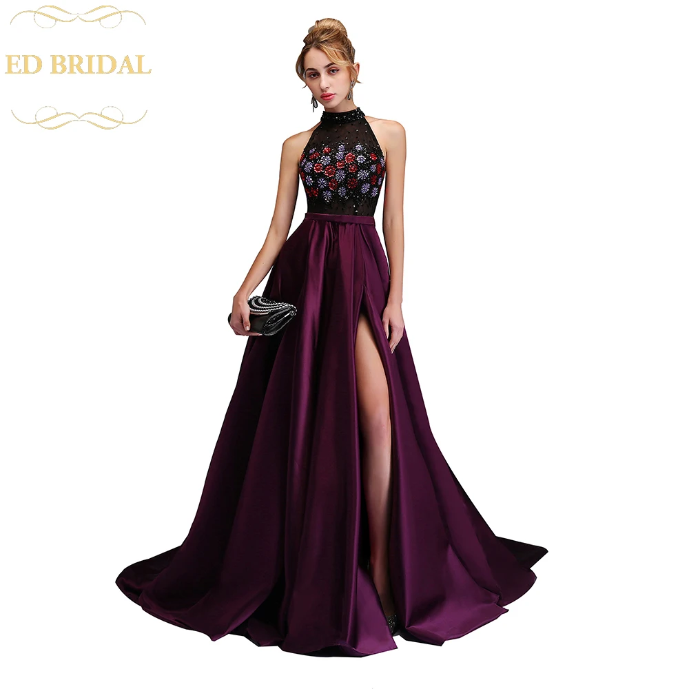 Luxury Evening Dress High-end Custom Purple Satin Halter Beading High-slit Sweep Train Prom Party Formal Gown |