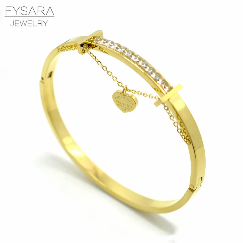 

FYSARA Luxury Brand Forever Lover Letter Heart Tag Bracelets Lover Row Square Crystals Bangle Stainless Steel Women's Pulserias