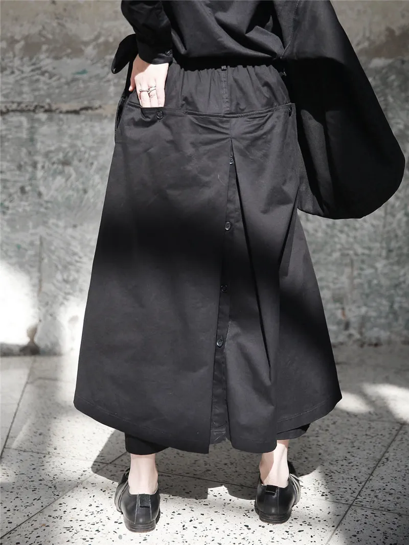 Cakucool Новые широкие брюки женские свободные на шнуровке японские брюки самурая Брюки плотные осенние однотонные черные Капри Pantalons Feminino