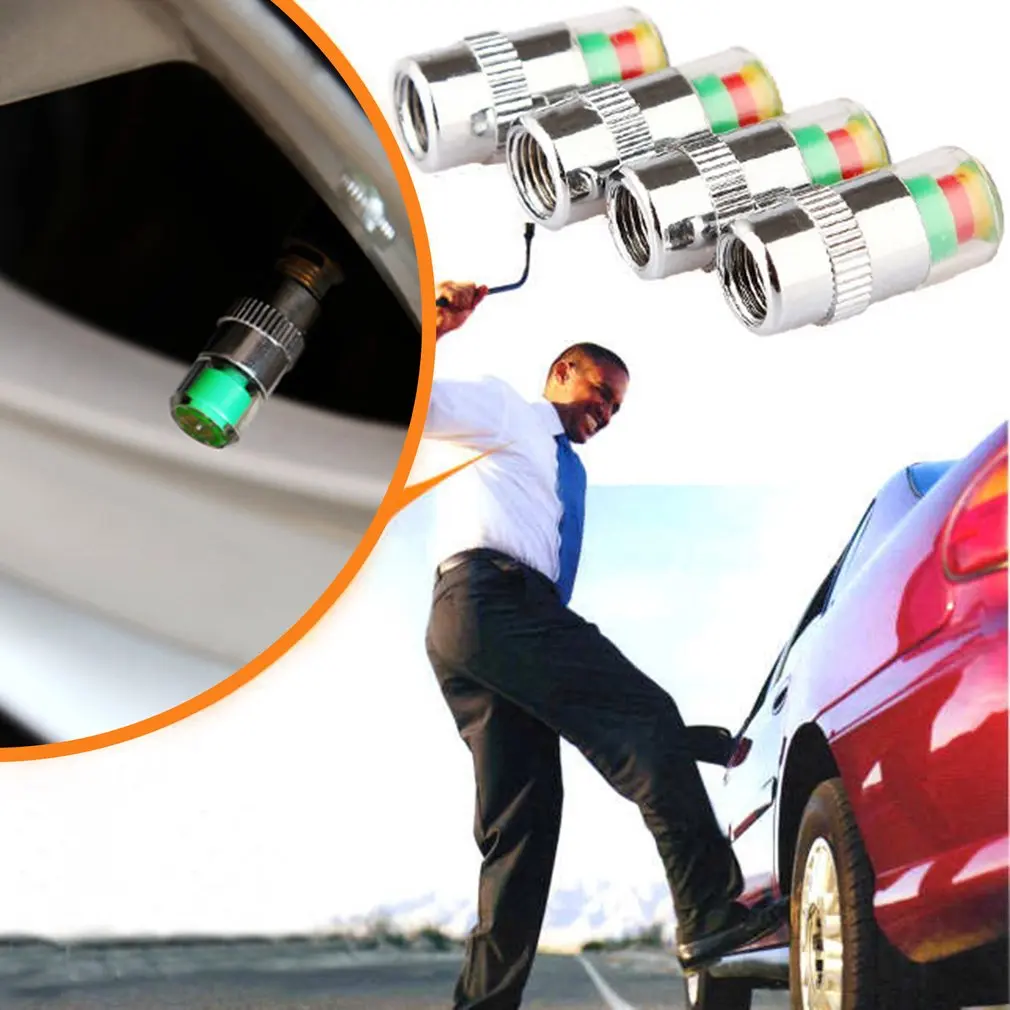 4pcs/set Car Tire Pressure Monitor Valve Stem Caps Air Alert Tire Valve Cap Pressure Sensor Monitor Light Cap Indicator