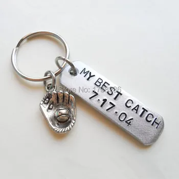 

Customize design antique silver tone my best catch with baseball glove anniversary gift keychain key holder