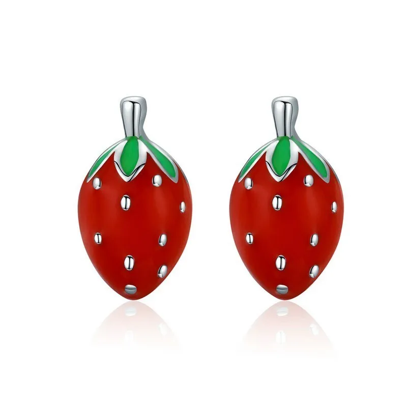 

Little Strawberry Enamel Stud Earrings 925 Sterling Silver Red Fruit Ear Jewelry 2019 Hot Brincos Gifts for Girls SC626