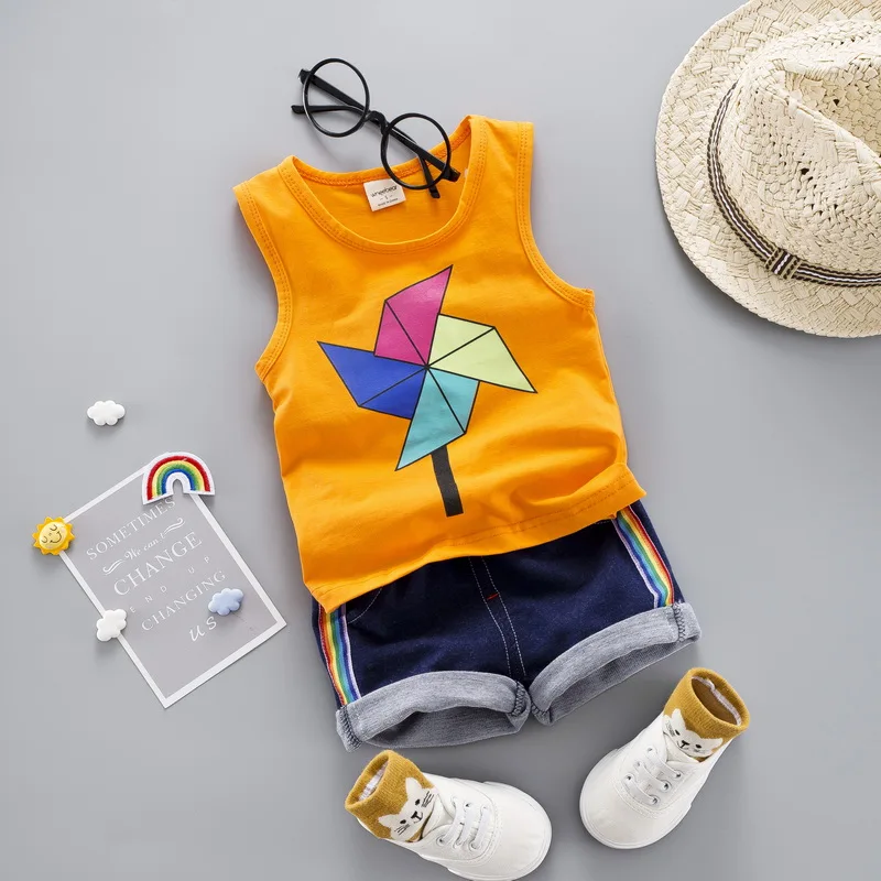 

Baby Summer Clothes Set Cotton Vest Two-piece 2019 New Boy Girl Clothing Color Cartoon Windmill Sleeveless Shirt Kids Clothes