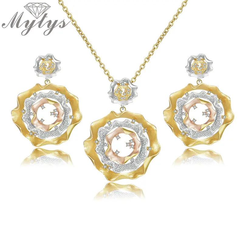 

Mytys Three Tone Gold Luxury Wedding Necklace Earrings Set Silver Yellow Rose Gold Flower Jewelry Sets Women Lovers Party Gifts