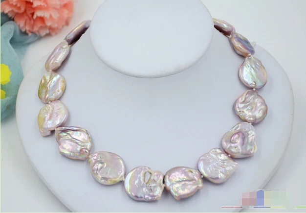 

FREE SHIPPING>>>@@ > P4760 18" 22mm lavender BAROQUE coin KESHI REBORN PEARL NECKLACE^^^@^Noble style Natural Fine jewe fast SHI