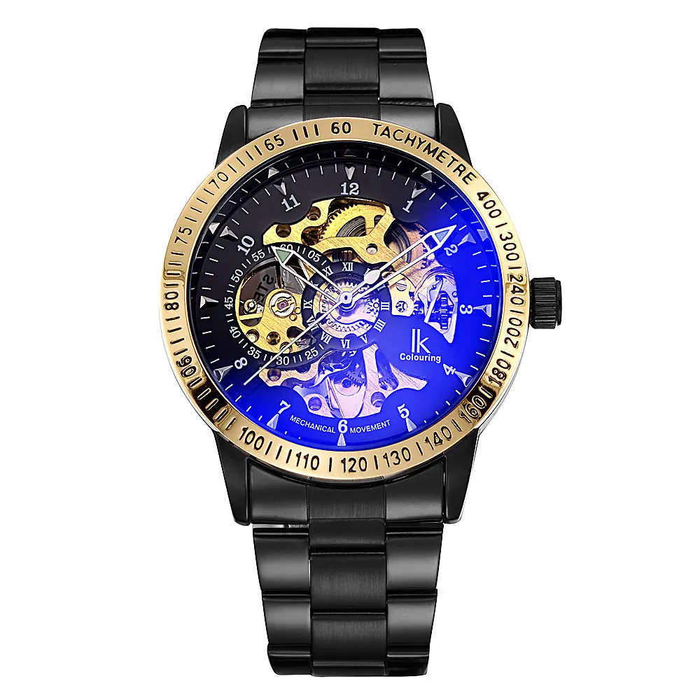 

IK Colouring Men's Stainless Steel Bracelet Strap Watch Automatic Mechanical Skeleton Wristwatch with Luminous Pointer